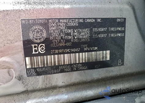 2021 Toyota Rav4 Le из США, поврежденный, VIN 2T3B1RFV5MC146457